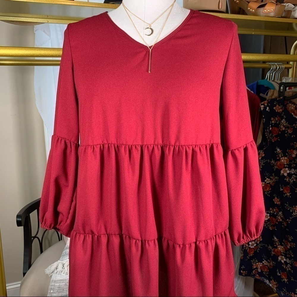 Amoretu boho baby doll v-neck long sleeve tiered red flowy shift dress M